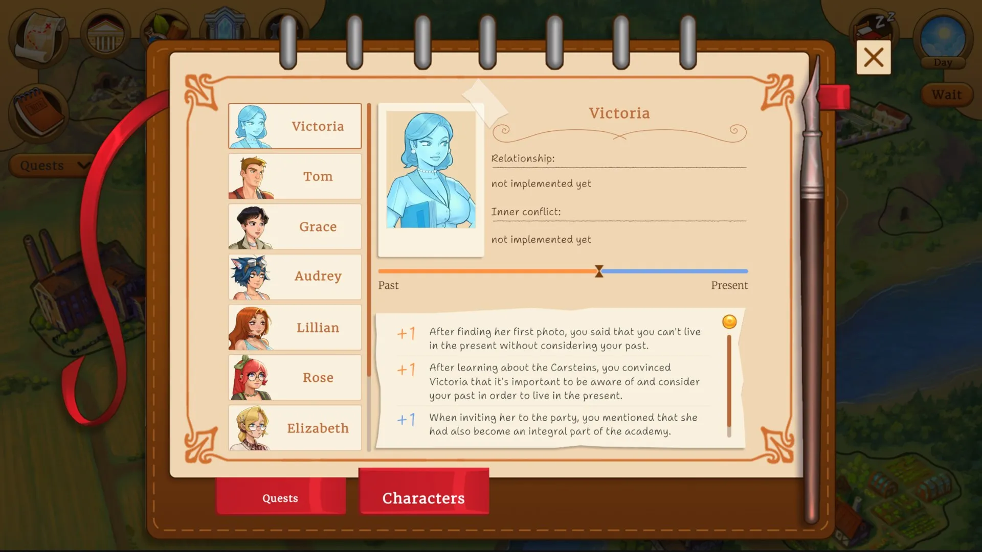 The character journal with relationship notes